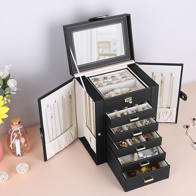 Kendal Jewelry Box, 6-Layer Jewelry Storage Organizer for Necklace Bracelet Rings Watch, 10.2"x8.2"x6" Classic Black PU Leather 5 Drawers Large Storage Capacity with Mirror-BubblyBeeBaby