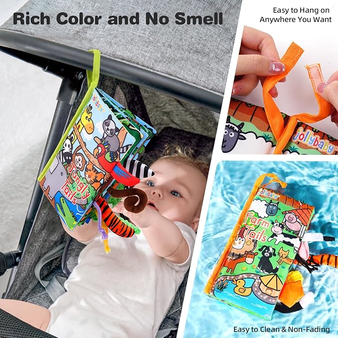 Jollybaby 2 PCS Sensory Touch and Feel Crinkle Books for Baby 0-6 Months, Jungle Farm Tails Montessori Car Set Toys for Tummy Time Newborn 6-12, Soft Fabric Cloth Books for Infant 1 Year Old Gift-BubblyBeeBaby