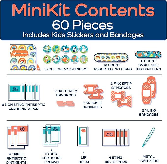 KeepGoing Small Travel First Aid Kit Kids – 60 Pc. Mini First Aid Kit for Purse, Diaper Bag, & Backpack with Latex-Free Bandages – 4 Oz., & 4.5 x 3.5 x 2 in, TSA-Approved-BubblyBeeBaby