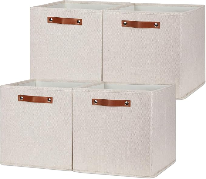 HNZIGE Large Storage Baskets Set of 4 Collapsible Storage Baskets,13x13 Storage Cube Bins with Handles,Foldable Storage Cube Bins for Shelves(cream)-BubblyBeeBaby