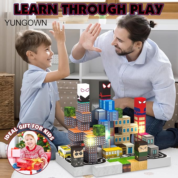 150 PCS Magnetic Blocks Building Toys Set, Spider Toys Light Up Magnetic Building Blocks for Boys Girls Ages 3+, 1 Inch Magnet Cubes STEM Sensory Construction Toy City Themes-BubblyBeeBaby