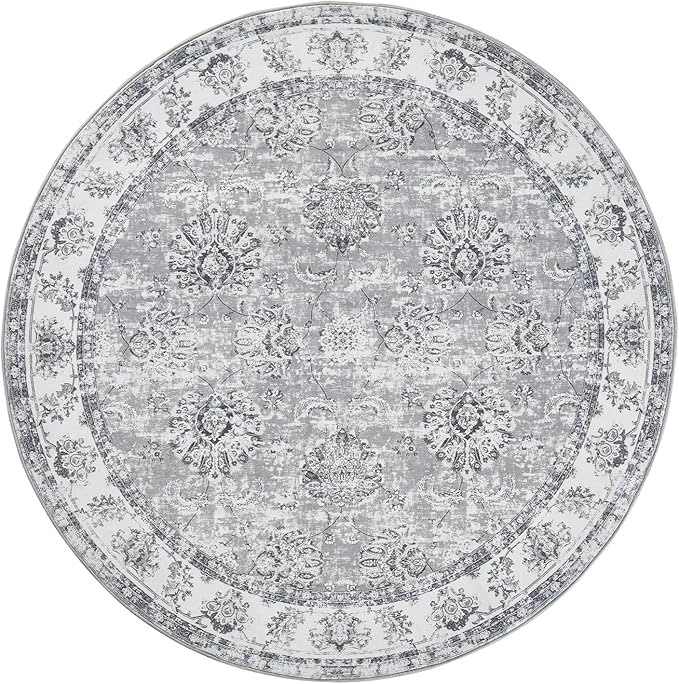 jinchan Round Rug 4ft Area Rug - Indoor Vintage Hallway Circle 4' Washable - Ultra-Thin Low Pile Soft Small Non Slip Distressed Floral Print for Living Room Dining Room Bedroom Entryway Grey-BubblyBeeBaby
