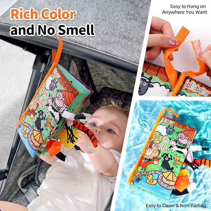 Jollybaby Baby Cloth Books, Touch & Feel Crinkle Soft Books, for Infants Babies, Toddler Early Educational Interactive Stroller Toys, Baby Girl & Boy Gift(Farm Tails)-BubblyBeeBaby