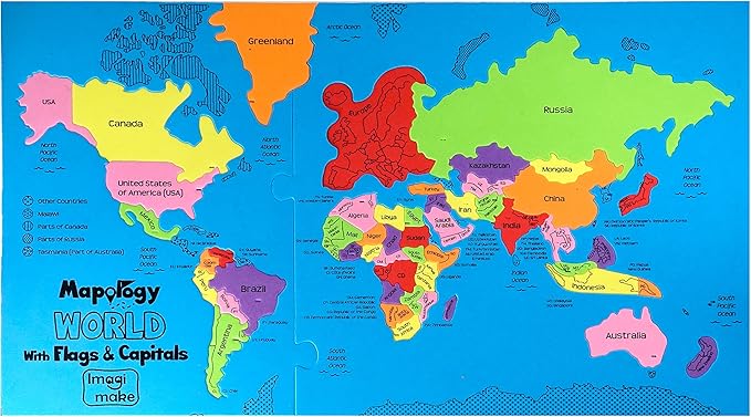 Imagimake Mapology World Map Puzzle - Includes Country Flags & Capitals | Fun Jigsaw Puzzle Kids Ages 5-8 | Educational Toys for Ages 8-13 | Geography Gifts for Girls & Boys 5, 6, 7, 8, 9, 10, 11, 12-BubblyBeeBaby