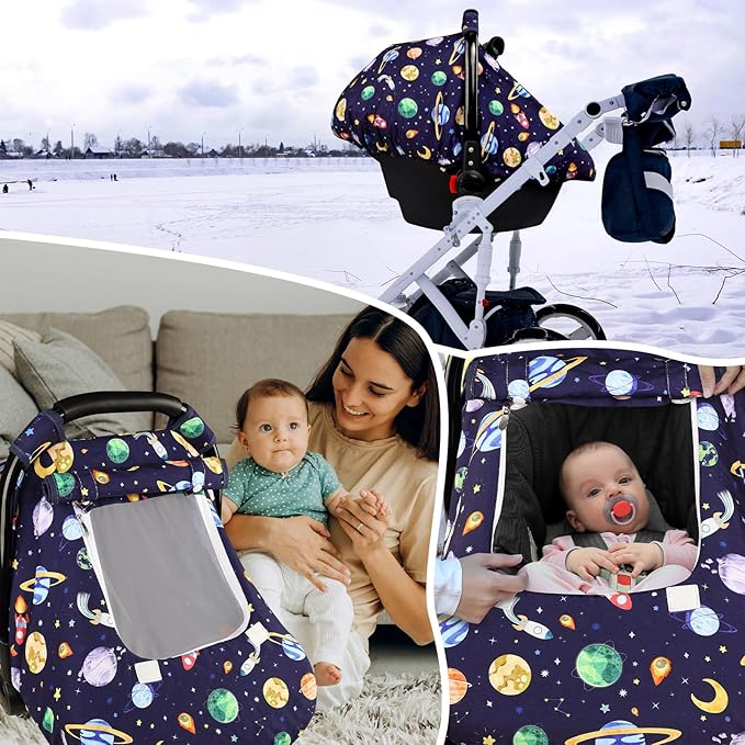 Baby Carseat Cover Winter, Pea Pod Infant Car Seat Covers Canopy for Newborn with 2 Layers Windows of Breathable Mesh/Fabric, Lightweight Polyester/Minky Dot Backing, Snug Fit Most Baby Car Seat-BubblyBeeBaby
