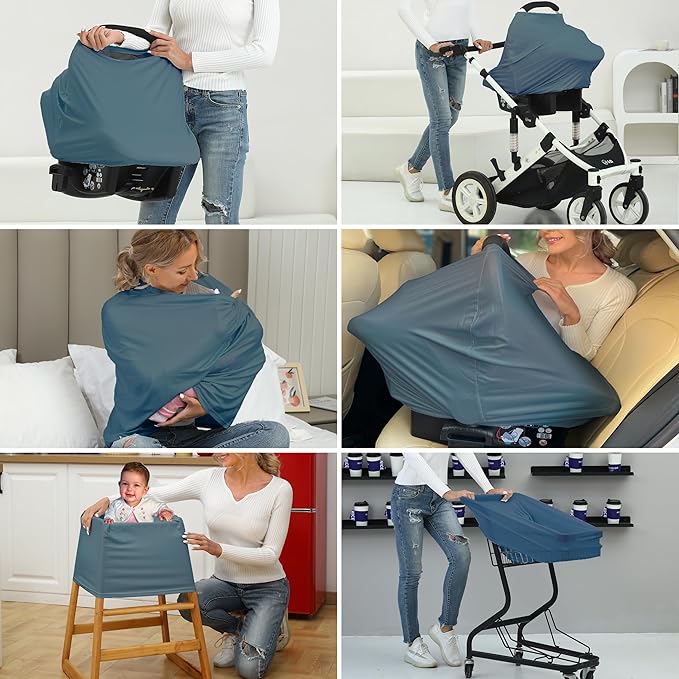 Breathable Car Seat Cover for Babies – Multi-Purpose Soft Rayon Nursing Cover for Breastfeeding, High Stretchy Infant Carseat Canopy, Stroller Cover (Smooth Rayon, Blue)-BubblyBeeBaby