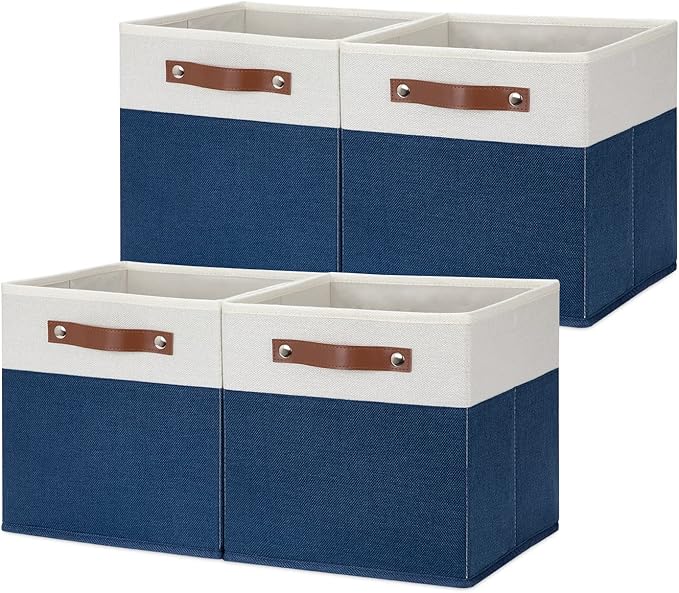 HNZIGE Cube Storage Bins Basket for Shelves Set of 4, Fabric Storage Cubes Baskets Closet Storage Bins for Cube with Handles, Cubby Storage Bins Baskets for Organizing Home and Office (White Blue)-BubblyBeeBaby