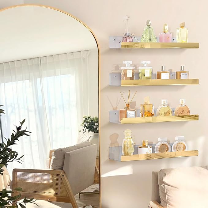 2 Pack 24 Inch Gold Reflective Acrylic Shelves, Gold Foating Shelves, Modern Sunglasses Essential Oil Picture Ledge Display Toy Storage Shelf-BubblyBeeBaby