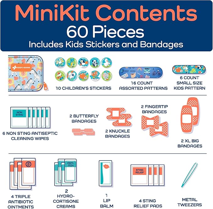 KeepGoing Small Travel First Aid Kit Kids – 60 Pc. Mini First Aid Kit for Purse, Diaper Bag, & Backpack with Latex-Free Bandages – 4 Oz., & 4.5 x 3.5 x 2 in, TSA-Approved-BubblyBeeBaby