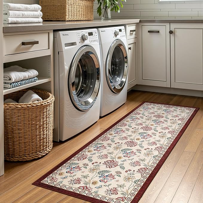 jinchan 2x5 Floral Runner Rug for Hallway Washable Kitchen Runner Vintage Romance Design Non Slip Thin Indoor Floor Cover Low-Profile Throw Carpet for Entryway Bathroom Bedroom Porch, Red/Beige-BubblyBeeBaby