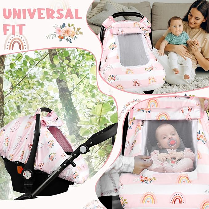 Pea Pod Car Seat Cover Baby, Infant Car Seat Canopy Covers for Newborn with 2 Layers Windows of Breathable Mesh Fabric, Lightweight Polyester/Soft Minky Dot Backing (Floral & Rainbow)-BubblyBeeBaby
