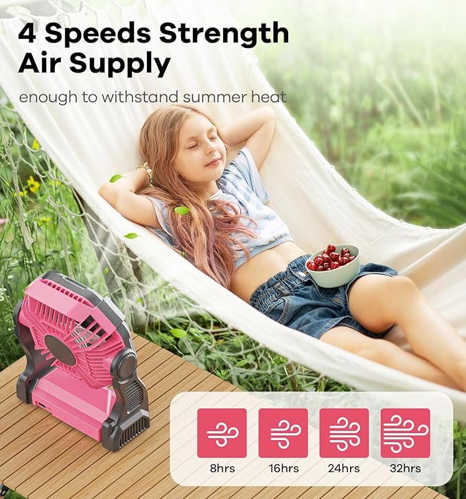 15000mAh Portable Battery Powered Camping Fan - with LED Light, Quiet Battery Operated, Camping Gear for Travel, Tent, Beach, Car or Hurricane Power Outages, Pink-BubblyBeeBaby