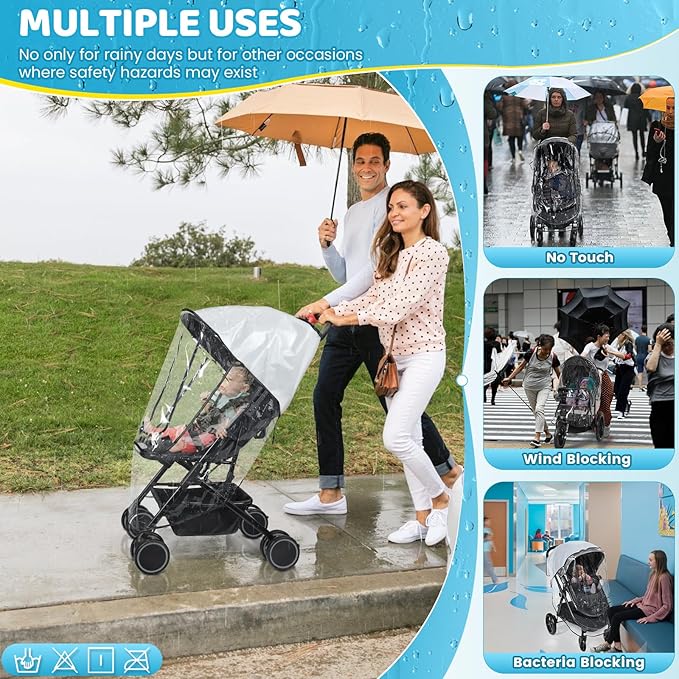 Universal Clear Stroller Rain Cover, No-Zip Waterproof Stroller Cover - Food Grade EVA & Frosted PVC, Baby Travel Weather Shield, Breathable Rain Cover for Most Single Strollers, Black-BubblyBeeBaby