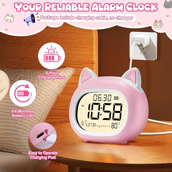 Kids Alarm Clock with Night Light for Kids, Small Digital Alarm Clocks for Bedrooms, Routine Builder, Cute Cat Alarm Clock with Sleep Training, Snooze, 12/24H, Date & Day, Temperature, USB Port-BubblyBeeBaby