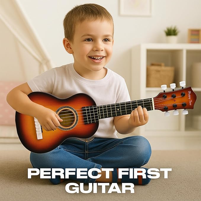 23" Acoustic Guitar, Kids 6 String Toy Guitar - Realistic Steel Strings - Beginner Practice First Musical Instrument for Children, Toddlers (Amber Sunburst)-BubblyBeeBaby
