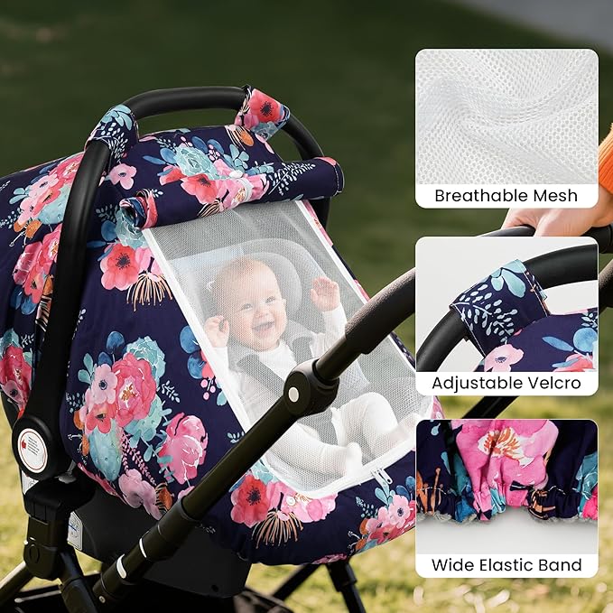 Elstey Car Seat Cover Baby, Minky Dot Carseat Covers Baby Girls, Lightweight Infant Car Seat Cover Canopy with 2 Layers Breathable Mesh Windows, Stroller Carrier for Babies Newborn Essentials-BubblyBeeBaby