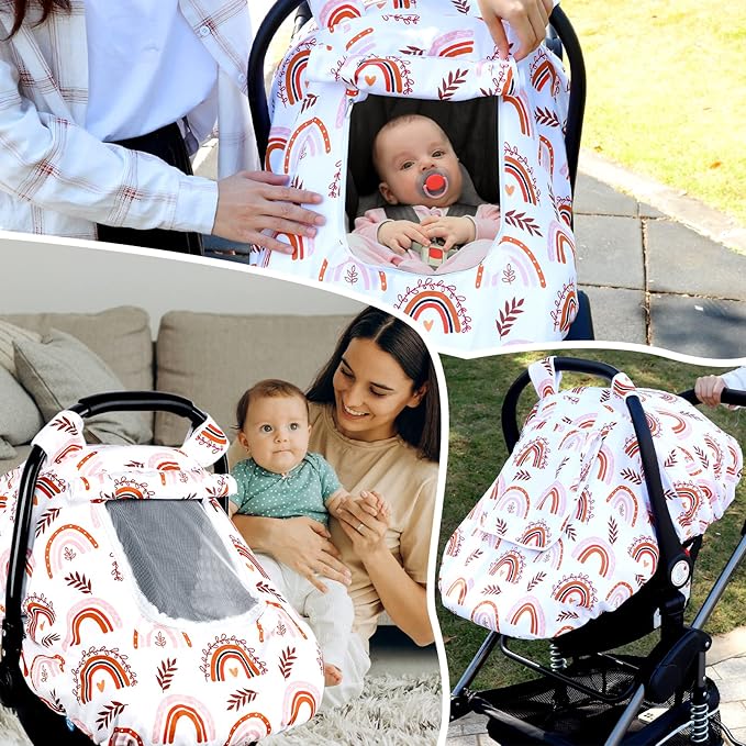 Pea Pod Baby Car Seat Cover Girls, Infant Rainbow Car Seat Covers Canopy for Newborn,2 Layers Windows of Breathable Mesh/Fabric, Lightweight Polyester/Minky Dot Backing, Snug Fit Most Baby Car Seat-BubblyBeeBaby