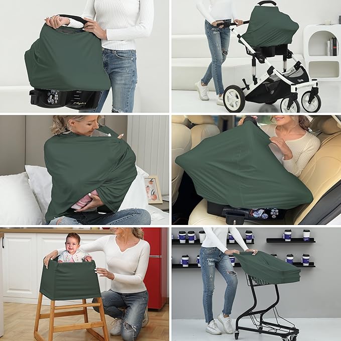 Breathable Car Seat Cover for Babies – Multi-Purpose Soft Rayon Nursing Cover for Breastfeeding, High Stretchy Infant Carseat Canopy, Stroller Cover (Smooth Rayon, Roman Green)-BubblyBeeBaby