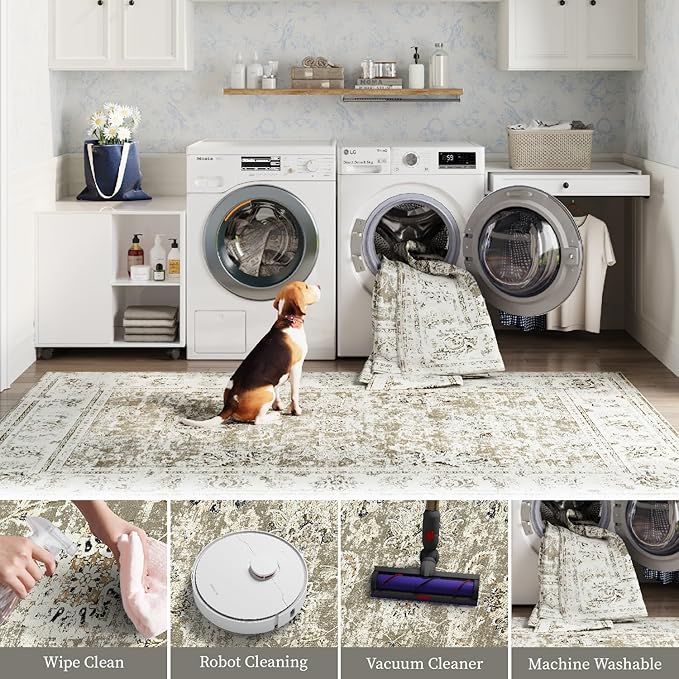 jinchan Washable Area Rug 5x7 Ultra-Thin Low Pile Non Slip Stain Resistant Soft Faux Wool Floral Distressed Vintage Carpet for Bedroom,Living Room,Dining Room,Kitchen,Nursery(Taupe, 5' x 7')-BubblyBeeBaby