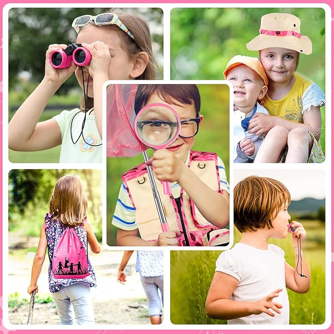 INNOCHEER Kids Explorer Kit & Bug Catcher Kit & Safari Costume Kit, Outdoor Exploration Set with Hat, Vest, Butterfly Net and Bugs Book for Boys Girls 3-12 Years Old (Camouflage Pink)-BubblyBeeBaby
