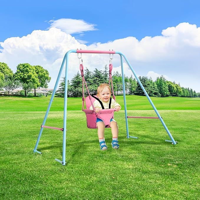 2-in-1 Toddler Swing Set with Metal Stand, Safety Belt & 4 Anchors - A-Frame Swing for Kids 6 Months+ (Pink, Indoor/Outdoor Backyard Playground)-BubblyBeeBaby