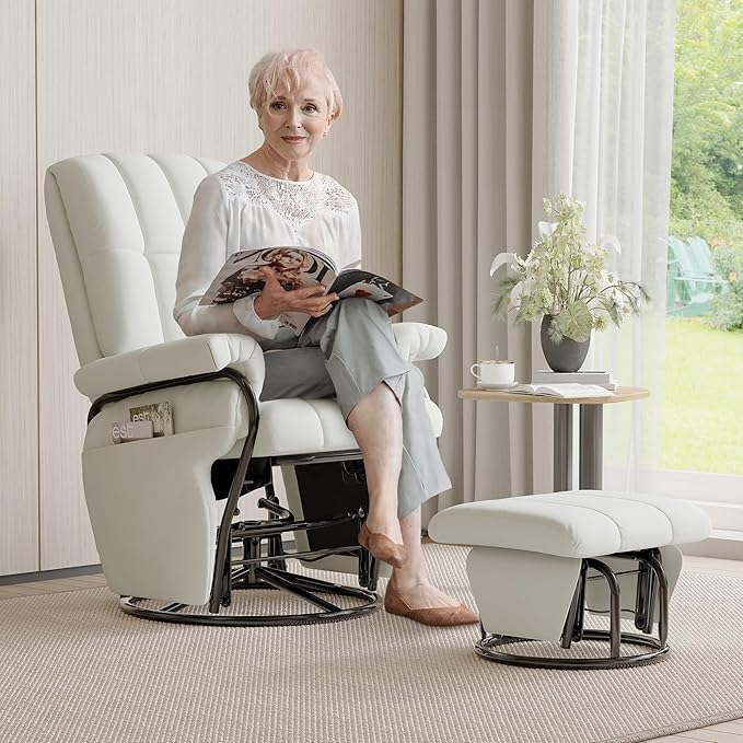 JIASTING 360° Swivel Leather Recliner Chair with Ottoman & Double Side Pockets, Nursing Glider Rocking Recliner Chair, Gliding Chairs for Nursery, Living Room, Office, Bedroom, Metal Frame (White)-BubblyBeeBaby