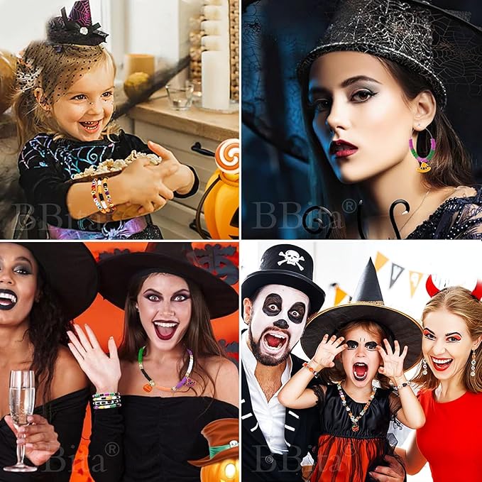 2088pcs Halloween Polymer Clay Beads Bracelet Making kit, 24 Style Cute Fun Beads Skull Pumpkin Beads Charms for Jewelry Necklace Earring Making DIY Accessories for Women Girls-BubblyBeeBaby