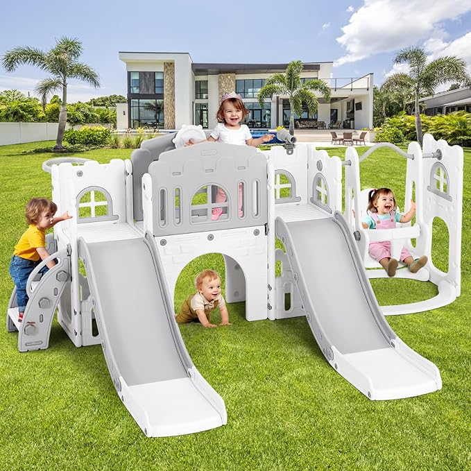 JOYLDIAS 10 in 1 Toddler Slide, Double Kid Climber Slide Playset w/Swing, Basketball Hoop, Telescope, Tunnel, Storage Space and Non-Slip Steps, Indoor Outdoor Backyard Playground Toy for Toddlers-BubblyBeeBaby