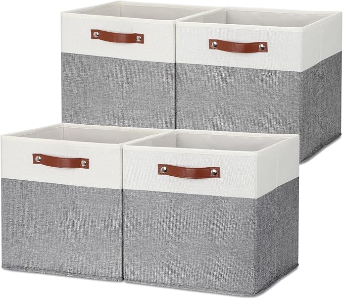 HNZIGE Foldable Storage Bins 13x13 Storage Cubes Set of 4 Fabric Linen Storage Baskets for Shelves Drawer with Handles Organizer for Shelves Toy Nursery Closet Bedroom-BubblyBeeBaby