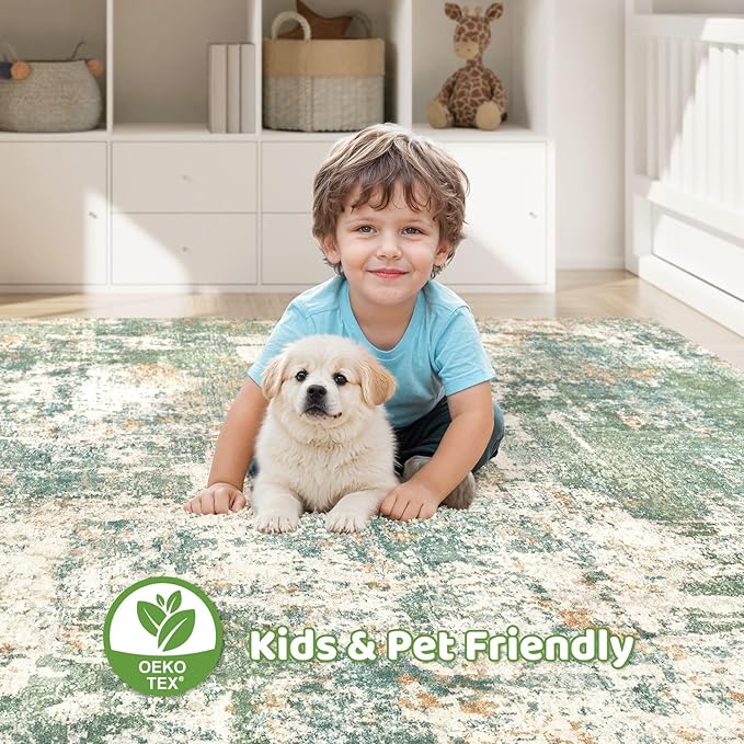 10x14 Area Rugs Living Room: Washable Large Abstract Soft Green Rug Stain Resistant Indoor Floor Non-Slip Accent Carpet for Men Modern Home Enthusiasts Aged 25-45 - Bedroom Office Playroom-BubblyBeeBaby