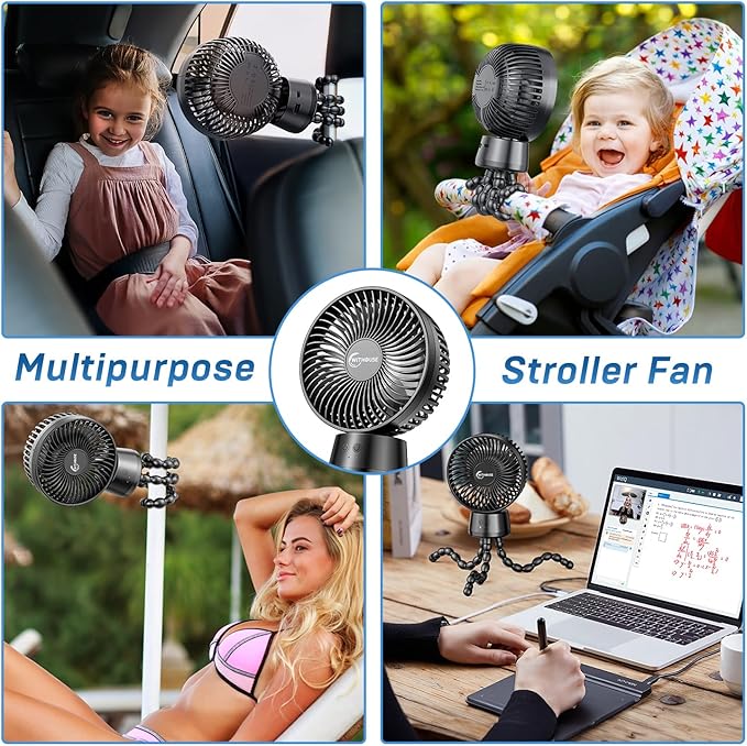 20000mAh Portable Stroller Fan, 120° Auto Oscillation, 3-IN-1 with Power Bank LED Light Detachable Flexible Tripod Rechargeable Battery Powered Clip On Fans Desk for Baby Crib Car Seat Travel-BubblyBeeBaby