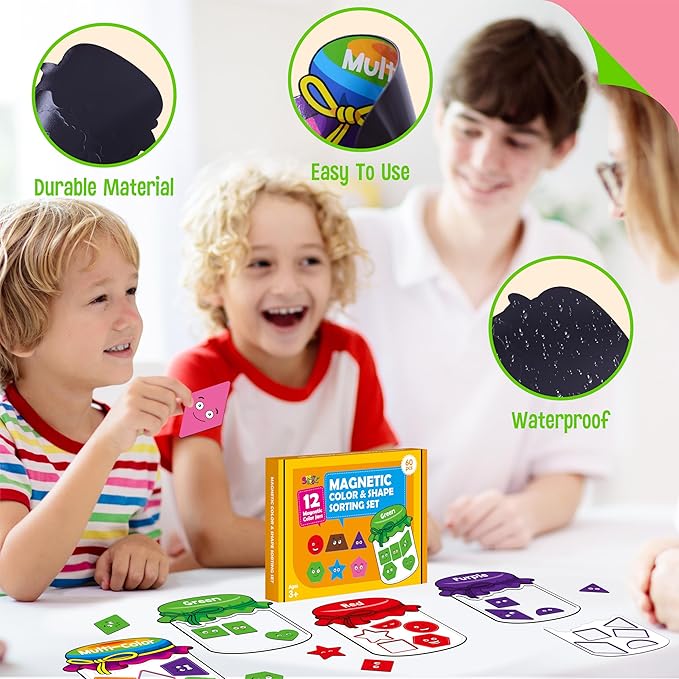 12 Pieces Magnetic Color Sorting Toys, 60 Color & Shape Magnets, Early Educational Sorting Set for Refrigerator Whiteboard Baby Toddlers Kids-BubblyBeeBaby