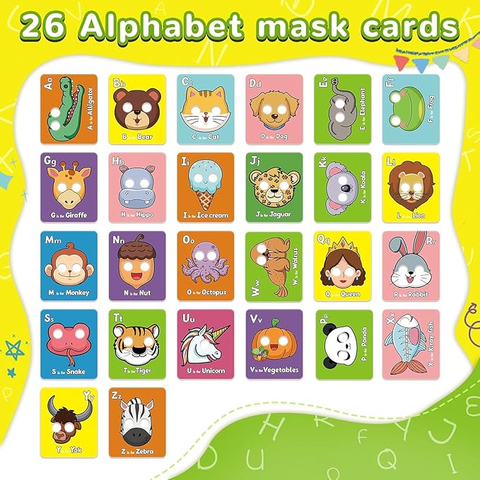 26 PCS Alphabet ABC Flash Cards with Animal Masks, Colorful Alphabet Mask Cards, Giant Letter ABC Animal Faces Flash Learning Flashcards, Interactive Education Games, Learn Letters-BubblyBeeBaby