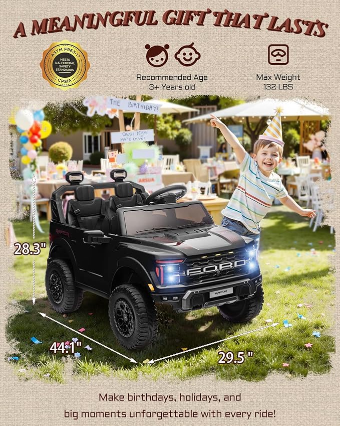 24V Ride on Toys for Big Kids, Licensed Ford F-150 Raptor 2 Seater Kids Ride on Car w/Remote Control, Toddler Electric Car w/LED Lights, Bluetooth, Truck Bed Storage, Soft Start (Black)-BubblyBeeBaby