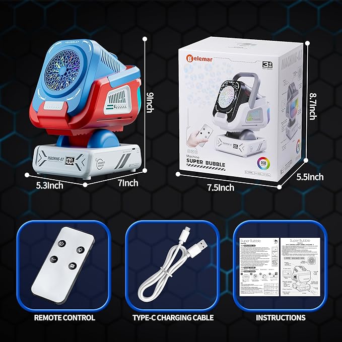 2025 Upgraded Bubble Machine with Remote Control, Automatic Rotation & RGB Lights, 1800mAh Rechargeable Battery, Type-C Charge, Bubble Maker for Kids, Weddings, Birthday Parties, Outdoor Activities-BubblyBeeBaby