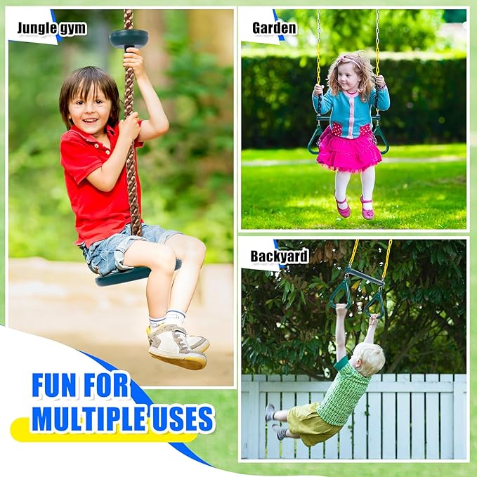 Hungdao 2 Set Gym Ring Trapeze Swing Bar and Climbing Rope with Platforms Disc Heavy Duty Coated Chains Seat Accessories for Outdoor Indoor Playground Backyard(Green)-BubblyBeeBaby