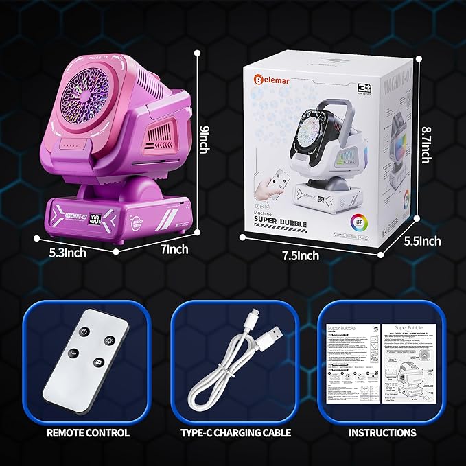 2025 Upgraded Bubble Machine with Remote Control, Automatic Rotation & RGB Lights, 1800mAh Rechargeable Battery, Type-C Charge, Bubble Maker for Kids, Weddings, Birthday Parties, Outdoor Activities-BubblyBeeBaby