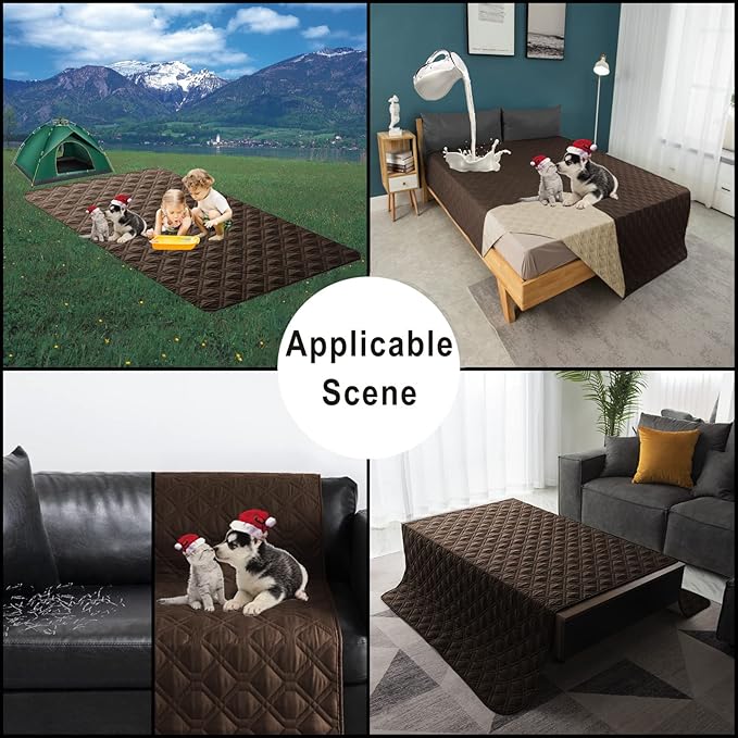 100% Waterproof Dog Bed Cover 102x82 in Reversible Reusable Camping Mat for Kids/Pet/Dog/Cat Washable Geometric Embroidery Blanket Patchwork Brown+Beige-BubblyBeeBaby