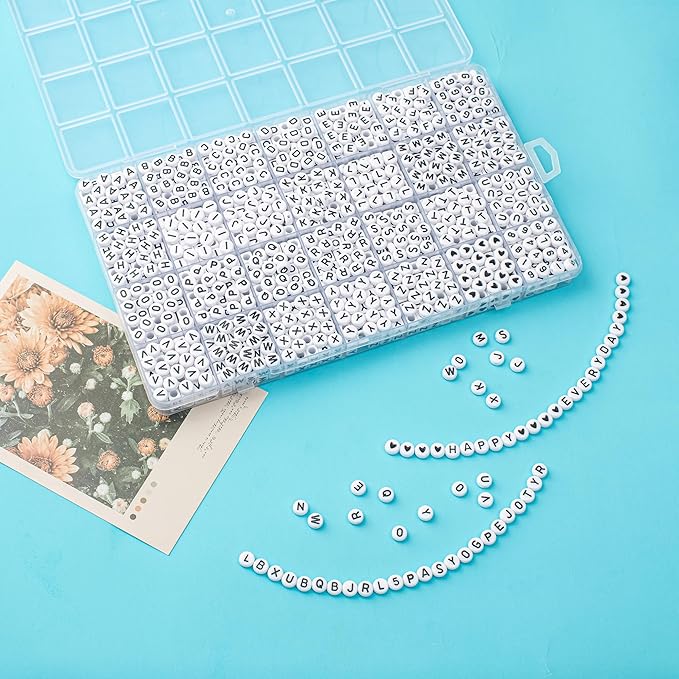 1400pcs Letter Beads, 4x7 mm Acrylic Alphabet Beads, Beads for Jewelry and Bracelet Making, in 28 Grid Box (White and Black)-BubblyBeeBaby
