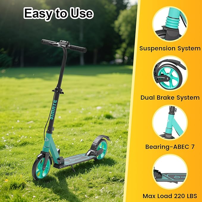 Kick Scooter for Kids Teens & Adults, 4 Adjustable Heights, 8IN All Terrain Big Wheels, Dual Brakes & Dual Suspension, Foldable and Lightweight, Gifts for Girls Boys-BubblyBeeBaby