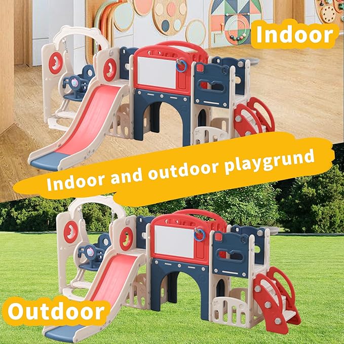 12 in 1 Toddler Outdoor Playset with Swing, Indoor Swing and Slide Set Playground for Toddlers 1-3, Durable Climber Basketball Hoop Ball Toddler Indoor Playset for Home Playground - Red Blue-BubblyBeeBaby