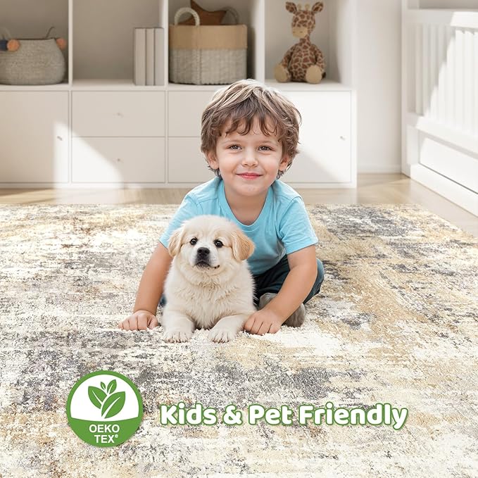 10x12 Area Rug Living Room: Washable Large Abstract Modern Soft Rugs Stain Resistant Indoor Floor Non Slip Accent Carpet for Bedroom Nursery Playroom Office Dining Room Dorm Home House- Gray Gold-BubblyBeeBaby