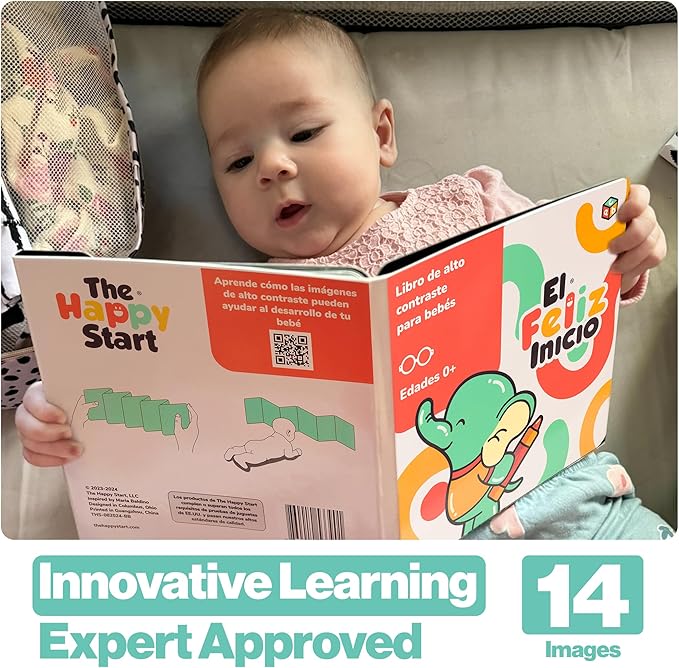 Happy Start Award-Winning High Contrast Board Book - Newborn Black & White Baby Cards, Easy to Clean, Hospital Approved, Stands on Its Own, Tummy Time Toy, Ages 0+ (Spanish)-BubblyBeeBaby