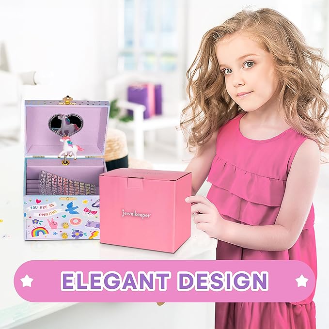 Jewelkeeper Musical Jewelry Box with Alphabet Sticker - Personalize with Names - with 1 Pullout Drawer and Spinning Unicorn Doll - Beautiful Dreamer Tune - Ideal for Kids 5 and Up - 5.37"Lx7.25"Wx4"H-BubblyBeeBaby