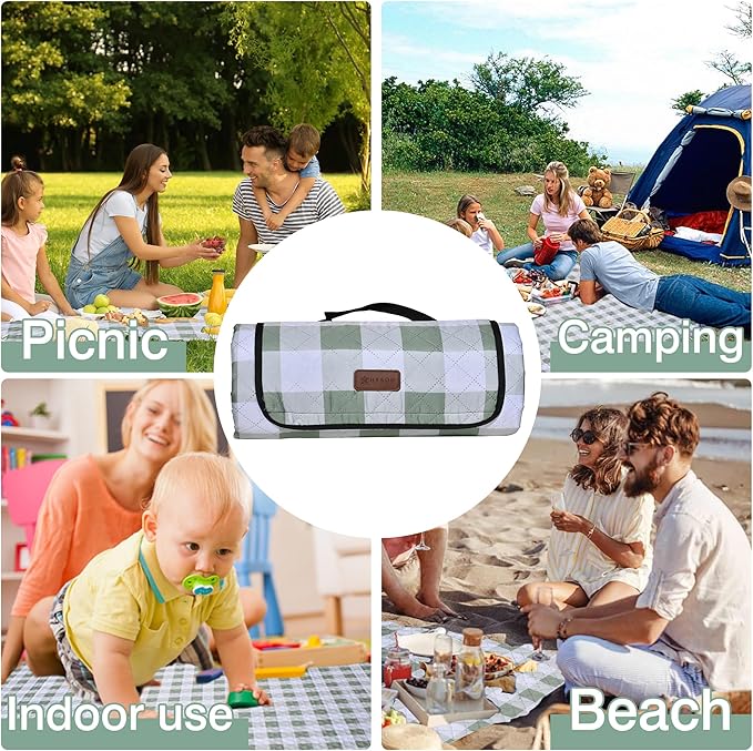 HX&OD Outdoor Picnic Blanket, Extra Large, 80''x60'' Waterproof Foldable Blankets Gingham Picnic Mat for Beach, Camping Grass Lawn Park Accessories Cute Couple Ideas Wedding (Green, 80”x60”)-BubblyBeeBaby
