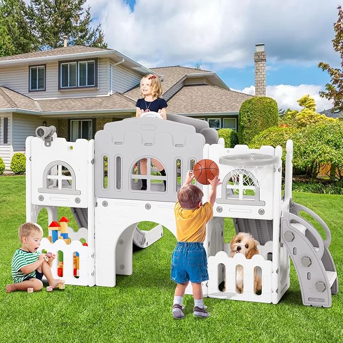 JOYLDIAS 9 in 1 Toddler Slide, Toddler Playground with Double Slides, Climber,Basketball Hoop,Tunnel, Telescope, Storage Space and Non-Slip Step, Indoor Outdoor Backyard Playset for Toddlers Age 1-3+-BubblyBeeBaby