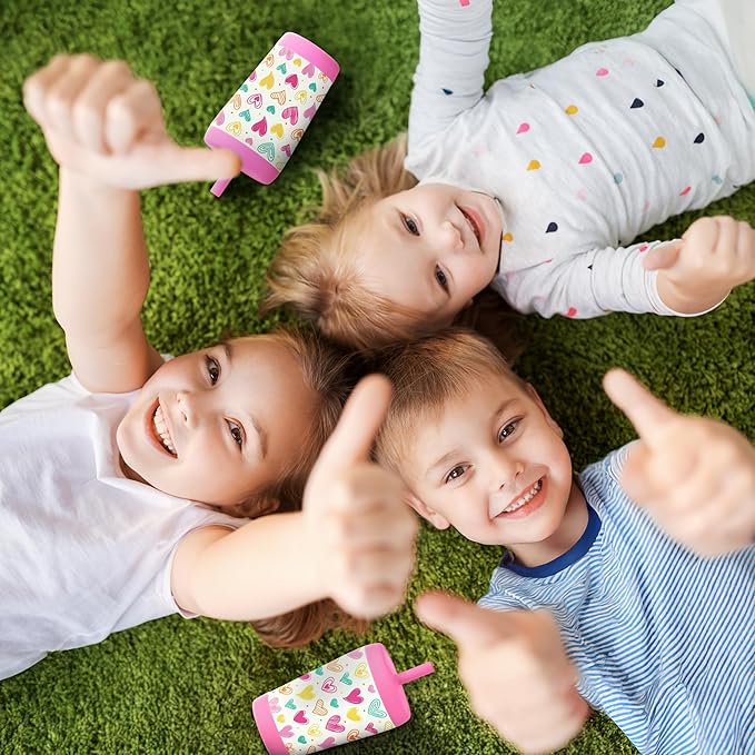 Kid Insulated Stainless Steel Tumbler with Silicone Straw, 12oz Sippy Cup for Kids (Playful Hearts)-BubblyBeeBaby