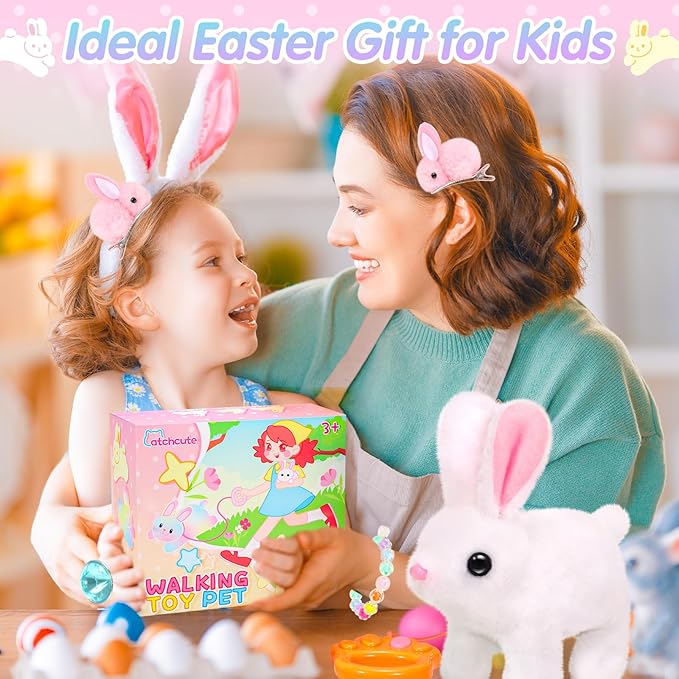 Hopping Plush Bunny Easter Interactive Toys for Kids,Can Wagging Tail and Twitching Nose with Remote Control Leash,Easter Eggs and Decorations,Easter Christmas Birthday Gift for Toddlers-BubblyBeeBaby