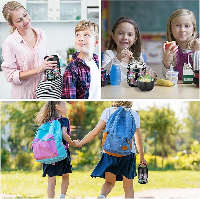 17 oz Insulated Lunch Containers Hot Food Jar, Wide Mouth Lunch Thermo for Kids Adults, Vacuum Stainless Steel Lunch Box With Handle Folding Spoon for School, Office Black - Car-BubblyBeeBaby