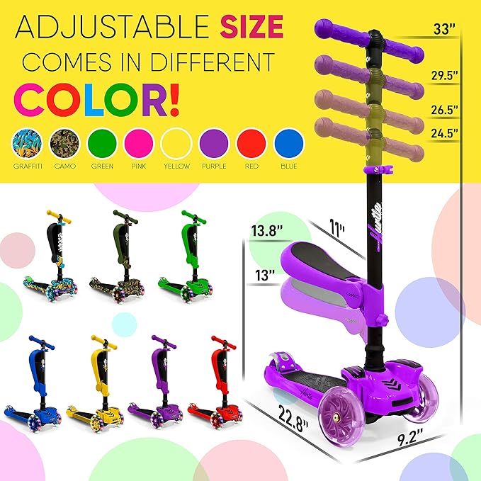 Hurtle 3-Wheeled Scooter for Kids - Wheel LED Lights, Adjustable Lean-to-Steer Handlebar, and Foldable Seat - Sit or Stand Ride with Brake for Boys and Girls Ages 1-14 Years Old-BubblyBeeBaby